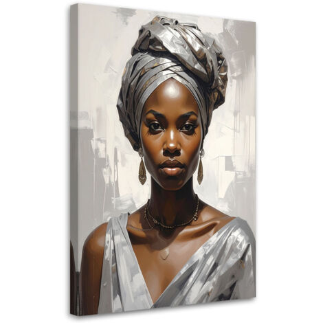 Cuadro sobre Lienzo, Retrato de una mujer con turbante plateado en estilo glamour, 20x30 (1/5)