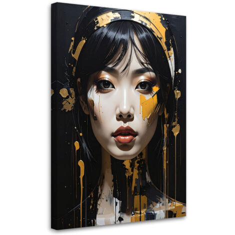 Cuadro en Lienzo, Retrato de una mujer en dorado decoración moderna y glamurosa sobre fondo negro, 20x30 (1/5)