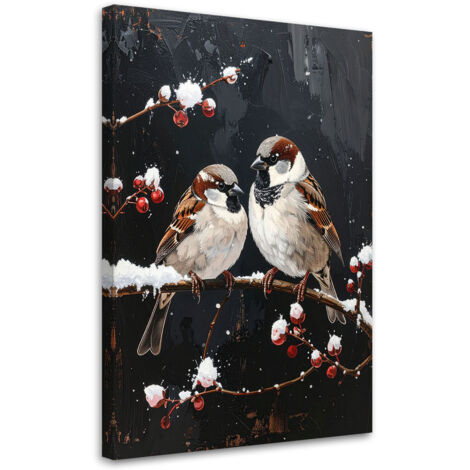 Cuadro en Lienzo, Pájaros posados por la noche en una rama en invierno, 20x30 (1/5)