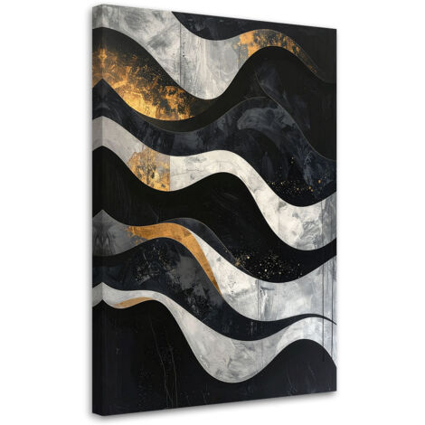 Cuadro sobre Lienzo, Abstracción geométrica estilo glamour dorado y negro con ondas, 20x30 (1/5)
