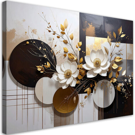 Cuadro en Lienzo, Abstracción en marrón y beige círculos flores y hojas, 30x20