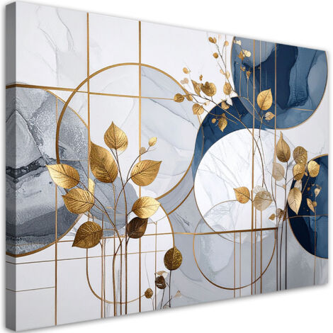 Cuadro sobre Lienzo, Hojas abstractas doradas plantas azules, 90x60
