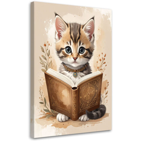 Cuadro sobre Lienzo, Gatito gato leyendo un libro animales, 20x30 (1/5)