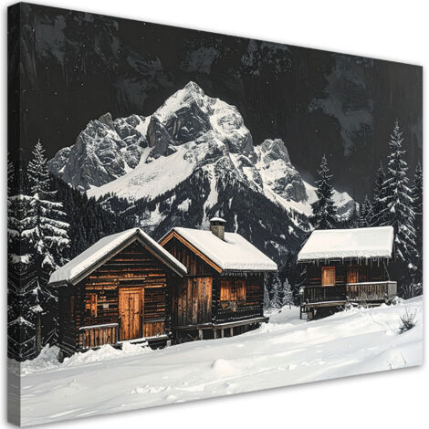 Cuadro sobre Lienzo, Paisaje invernal de montaña cabañas bosque montaña, 30x20 (1/5)