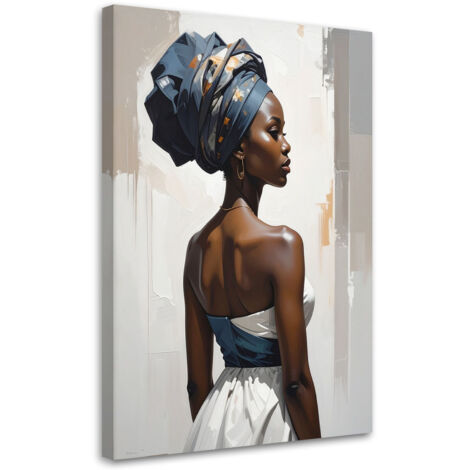 Impresión de Imagen, Retrato de una mujer en estilo étnico decoración elegante con turbante en tonos beige y azul marino, 20x30 (1/5)