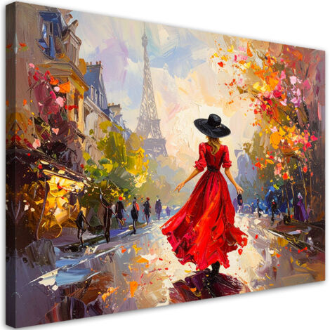 Cuadro sobre Lienzo, Mujer con vestido rojo y sombrero con la Torre Eiffel al fondo, 30x20 (1/5)