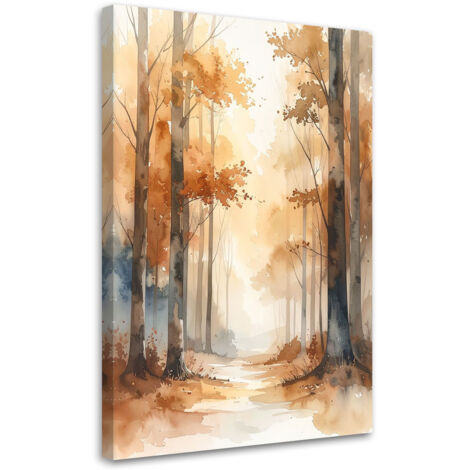 Cuadro sobre Lienzo, Bosque otoñal en tonos beige Paisaje forestal en acuarela de estilo escandinavo, 20x30 (1/5)