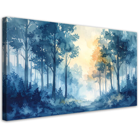Cuadro en Lienzo, Bosque brumoso Paisaje en pastel Naturaleza en estilo escandinavo Azul, 80x40 (1/5)