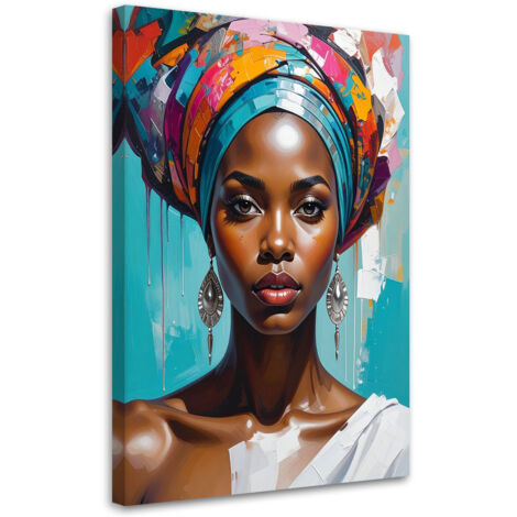 Cuadro en Lienzo, Retrato colorido de una mujer de estilo africano decoración étnica moderna con turbante, 30x45