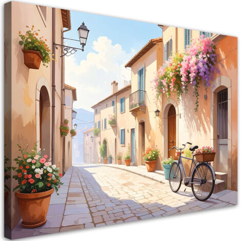 Cuadro en Lienzo, Pintoresca calle toscana casa flores, 30x20 (1/5)