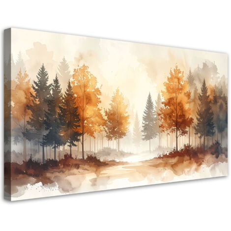 Cuadro en Lienzo, Bosque otoñal en tonos beige Paisaje forestal en acuarela de estilo escandinavo, 80x40 (1/5)
