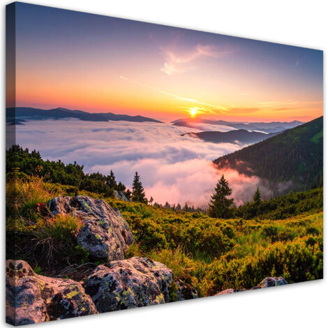 Cuadro sobre Lienzo, Paisaje montañas en la niebla puesta de sol, 30x20 (1/5)