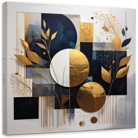 Cuadro sobre Lienzo, Abstracción de círculos y hojas en azul y dorado, 20x20