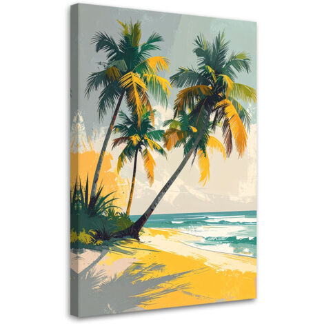 Cuadro sobre Lienzo, Playa tropical con palmeras en tonos verde y amarillo, 20x30 (1/5)