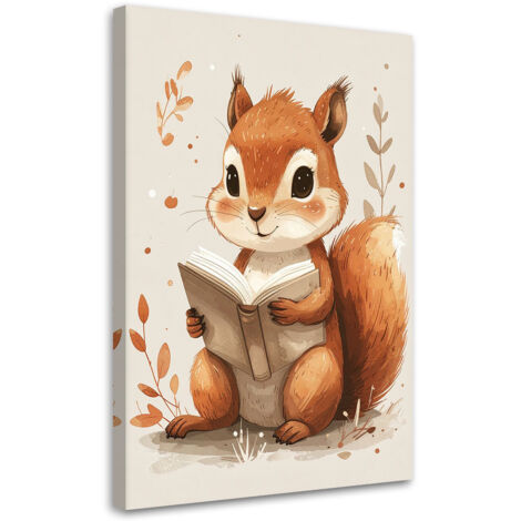 Cuadro sobre Lienzo, Ardilla leyendo un libro animales del bosque, 20x30 (1/5)