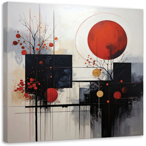 Cuadro sobre Lienzo, Abstracción de círculos y hojas en beige y rojo, 20x20