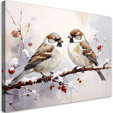 Cuadro en Lienzo, Pájaros posados en una rama en invierno en color beige, 100x70 (1/5)