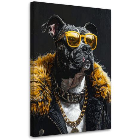 Cuadro sobre Lienzo, Perro pitbull con gafas amarillas y pelaje, 60x90 (1/5)