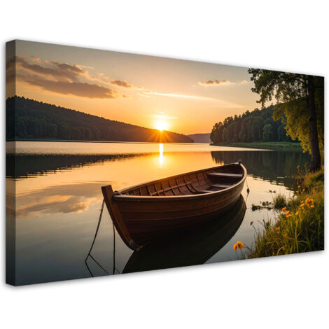 Cuadro en Lienzo, Paisaje lago barca puesta de sol, 80x40 (1/5)