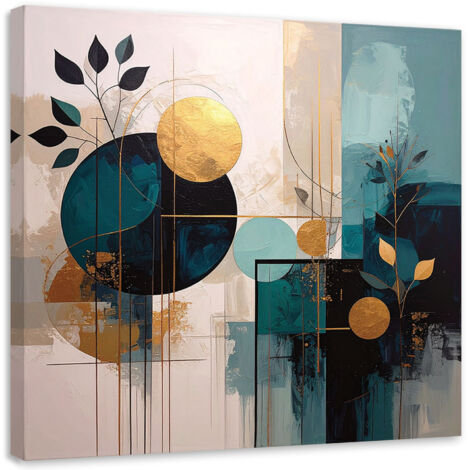 Cuadro en Lienzo, Abstracción de círculos y hojas en turquesa y beige, 20x20
