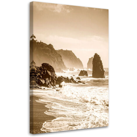 Cuadro sobre Lienzo, Paisaje marino en estilo vintage sepia con acantilados y rocas, 40x60 (1/5)