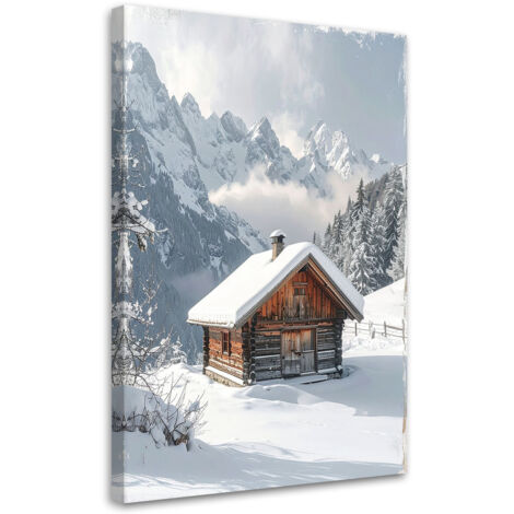 Cuadro sobre Lienzo, Paisaje invierno nieve cabañas de montaña montañas, 40x60 (1/5)