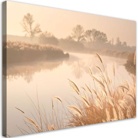 Cuadro en Lienzo, Paisaje fluvial con hierba en la niebla en sepia, 60x40