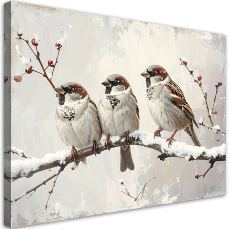 Cuadro sobre Lienzo, Gorriones posados en una rama en invierno, 60x40 (1/5)