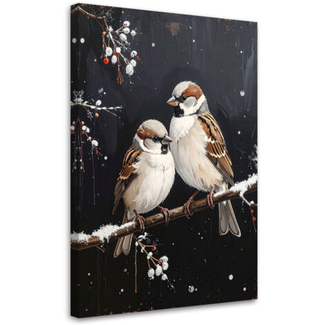 Cuadro sobre Lienzo, Pájaros posados por la noche en una rama en invierno, 20x30 (1/5)