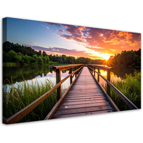 Cuadro en Lienzo, Vista embarcadero lago puesta de sol, 80x40 (1/5)