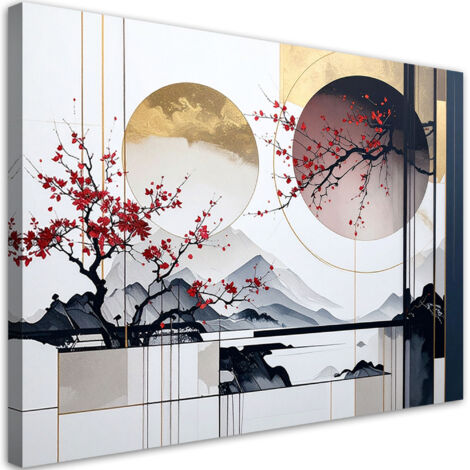 Cuadro sobre Lienzo, Abstracción japonesa cerezos montañas y paisaje, 90x60 (1/5)