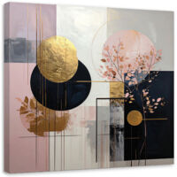Cuadro en Lienzo, Abstracción de círculos y hojas en rosa y gris, 20x20