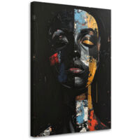 Cuadro en Lienzo, Retrato de una mujer abstracto sobre fondo negro con detalles coloridos, 70x100