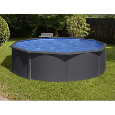 GRE – Piscine hors sol ronde acier Ø3,70m x H: 1,22m – Gris anthracite – Volume 10,10 m³ – Filtration à sable 4 m³/h – Échelle de sécurité 2x3 marches