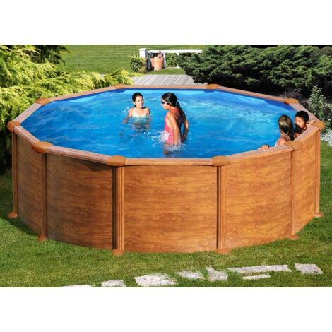 GRE – Piscine hors sol imitation bois circulaire 350x132 – Paroi en tôle d'acier galvanisé – Filtration 6 m3/h – Échelle de sécurité incluse (1/5)