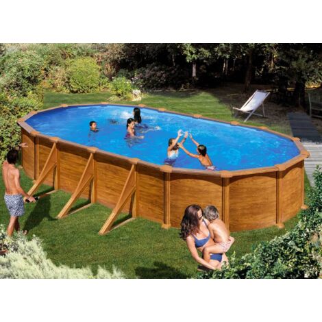 GRE – Piscine hors sol acier imitation bois ovale 7,44 x 3,99 x 1,32 m – Volume 28 217L – Installation rapide sans dalle béton