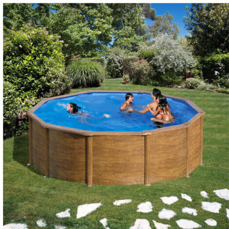 GRE – Piscine hors sol acier ronde imitation bois 4,80m – Hauteur 1,22m – Échelle de sécurité 2x3 marches – Filtre à sable 4m³/h inclus (1/5)