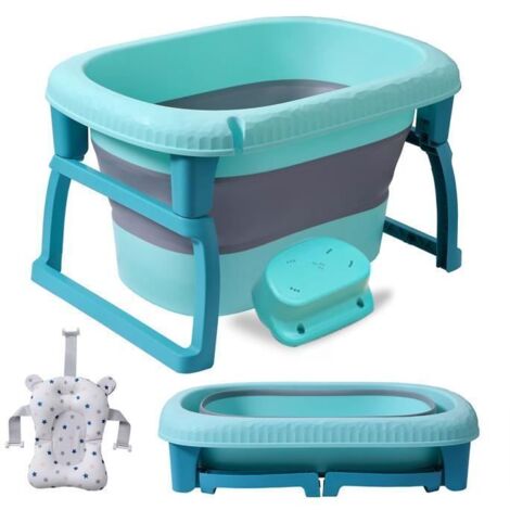 Baignoire pliante ultra-compacte, coussin de bain inclu, bouchon de vidange, pieds pliable, antidérapant et facile à ranger-bleu