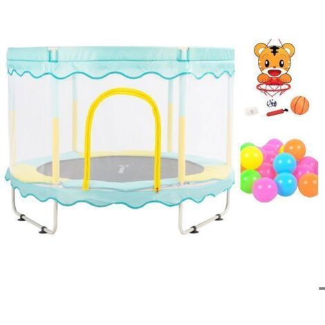 FOXSPORT Trampoline pour enfants,150×150×110cm,Équipé d'un panier et de balles en plastique,Coussin rebondissant ,charge 100kg-Bleu