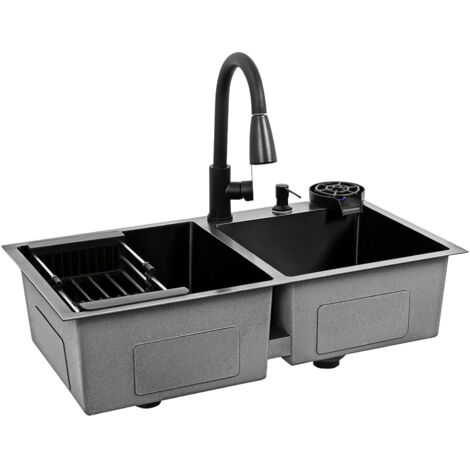 Tominio-Évier de cuisine Évier à Encastrer Moderne, Evier Sous Plan en granit Double bac Noir