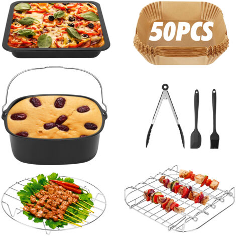 Lot de 8 accessoires pour friteuse à air chaud de 5,5 litres, comprenant un plateau à pizza, un panier à pain, 50 feuilles de papier sulfurisé, une grille et une grille à barbecu (1/5)