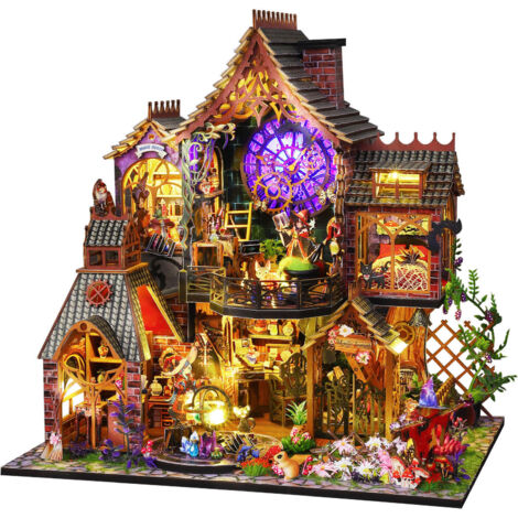 Kit de maison de poupées DIY pour coin lecture avec éclairage LED, décoration de bibliothèque miniature à monter soi-même, idéal pour les adultes et les adolescents (Cabane de la forêt enchantée)