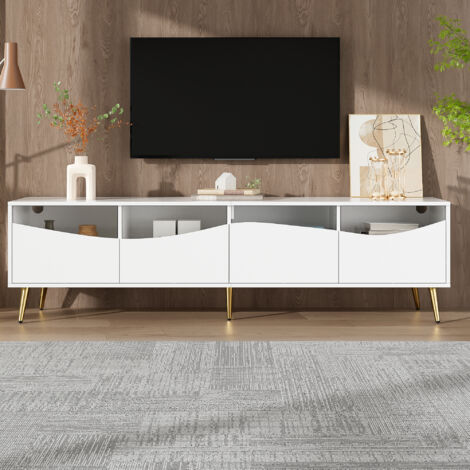 Moderner TV-Schrank (180 x 40 x 50 cm) mit LED, weißem Korpus, goldenen Füßen, Glasfront, für Wohnzimmer (1/5)
