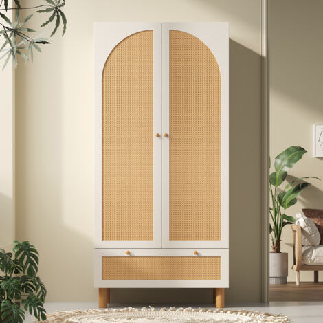 Schrank 180,5x85,5x52 cm Weiß Im Landhausstil Mit Gelbem Rattan Und Großer Schublade