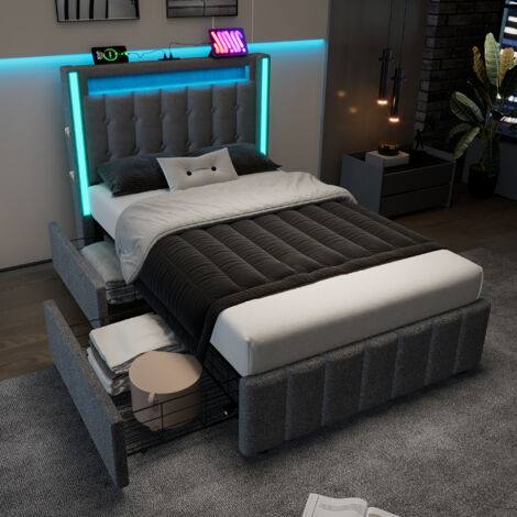 Bett Mit Bettkasten 90x200 cm Mit 2-Schubladen-Gestell Und USB-Anschlüssen, Grauer Stoff (1/5)
