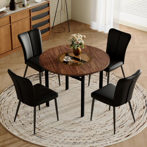 Esszimmer-Tisch- und Stuhl-Set mit MDF-, Glas- und Metalltisch in Braun, schwarze PU-Stühle, runder Tisch Ø 100 cm (1/5)