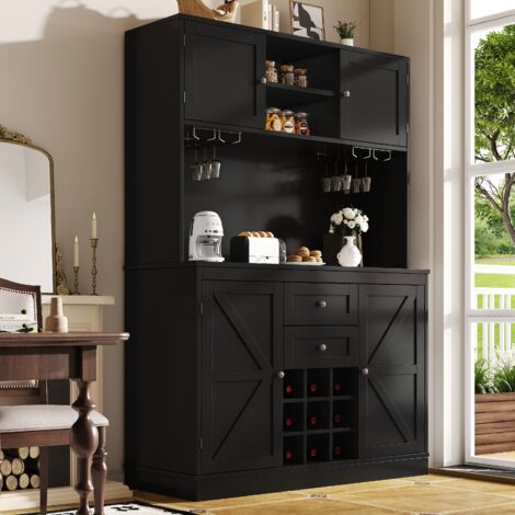 Anrichte MDF schwarz 120 x 40 x 188 cm, mit 4 Türen, 2 Schubladen, offenem Fach, Weinregal und verstellbaren Ablagen