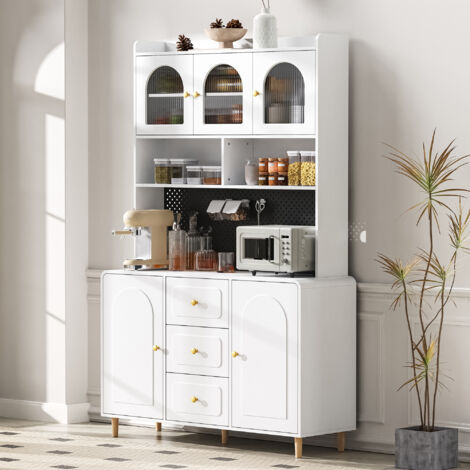 Hochschrank MDF Weiß 120 x 40 x 190 cm mit 3 Schubladen, höhenverstellbaren Böden, Lochplatte und Riffelglastüren (1/5)