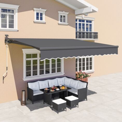 Außenmarkise aus Aluminium grau 395 x 300 cm, Gelenkarmmarkise mit Solar-LED, Handkurbel, UPF50+ und verstellbarer Neigung (1/5)