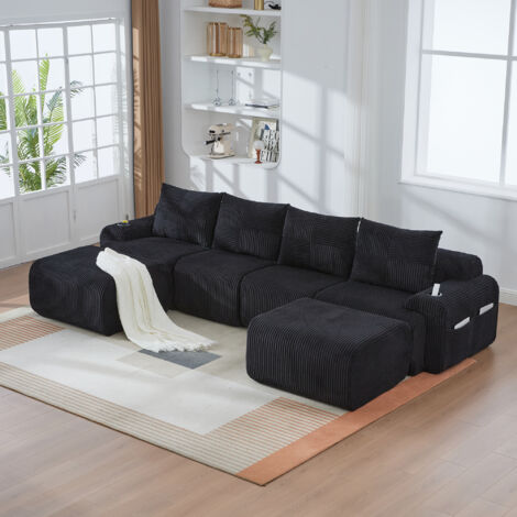 Sofa aus Cordstoff in Schwarz, modularer 4-Sitzer, 333x174x80 cm, mit Cupholder und Seitentasche (1/5)